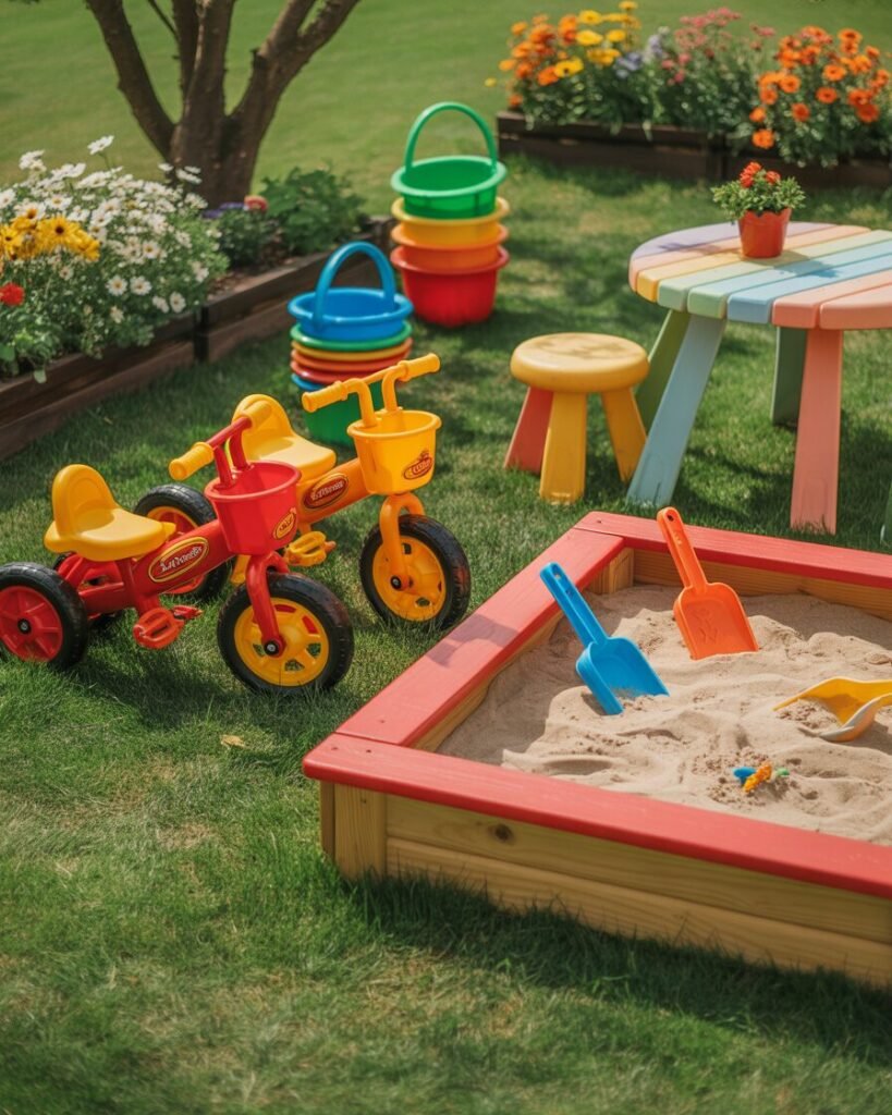 Colorful outdoor toys in garden