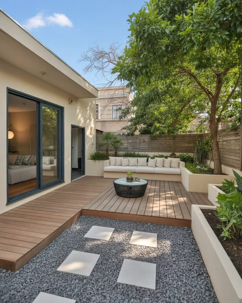 Deck tiles in small backyard