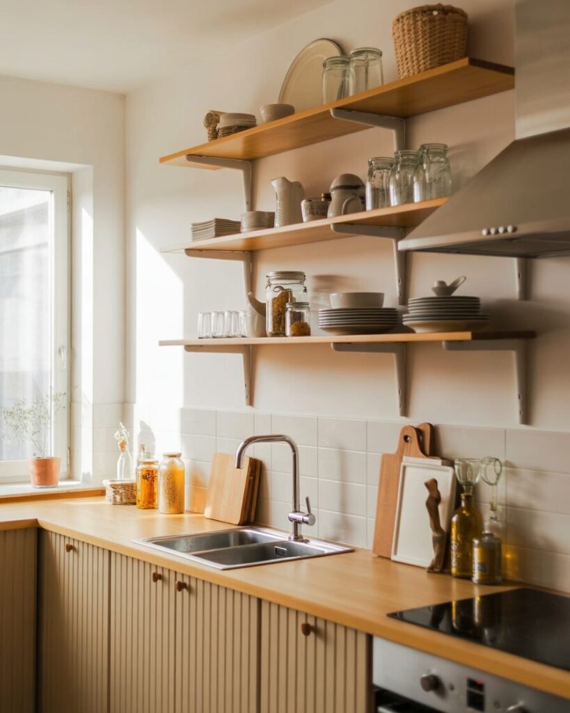 Small kitchen makeover open shelving