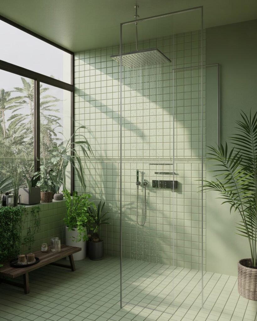 Walk-in shower with green tiles