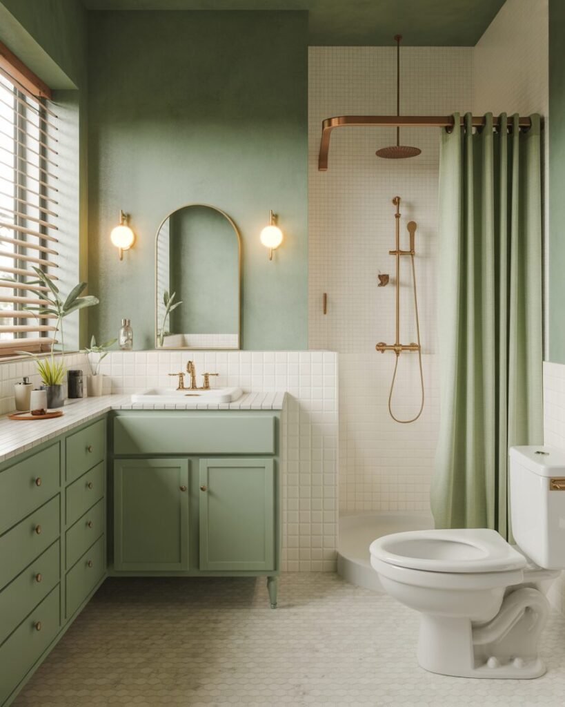 Sage green bathroom with brass