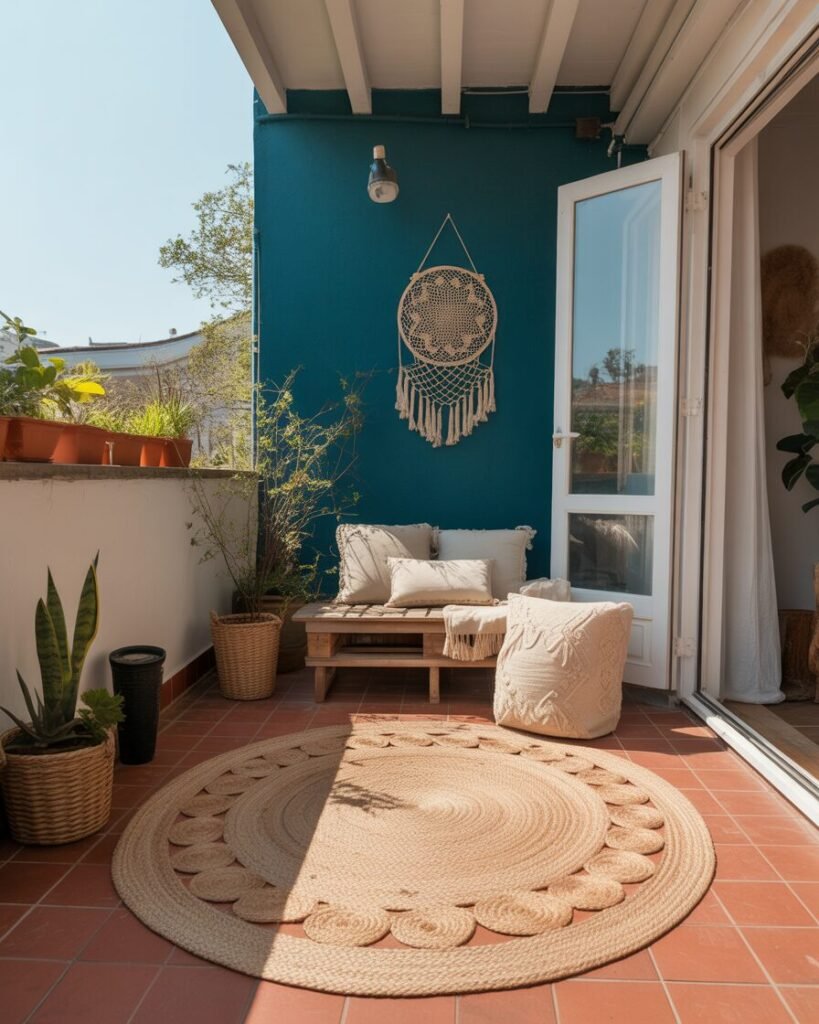 Woven rug on teal boho balcony.