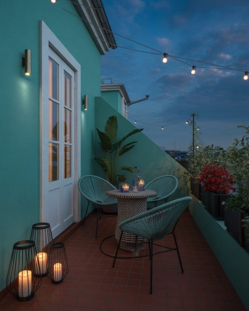 Lanterns and candles on boho balcony.