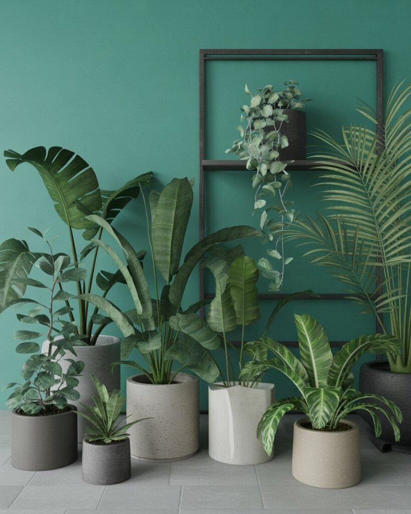 Statement pots on boho-inspired balcony.