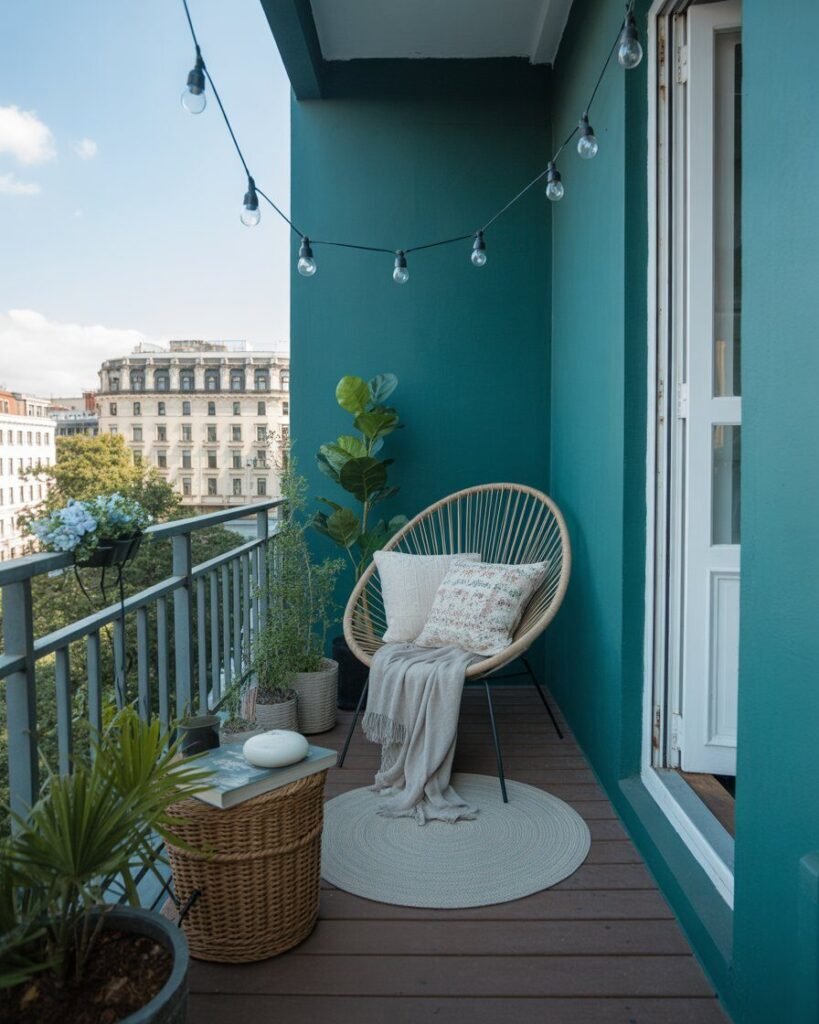 Reading nook on teal boho balcony.