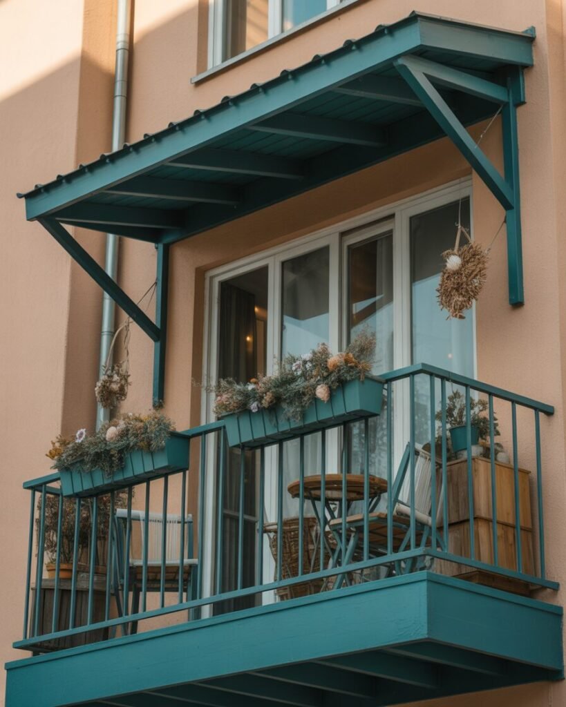 Seasonal decor on teal boho balcony.