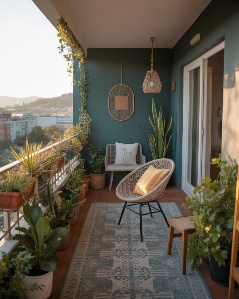 Fully styled teal boho balcony.