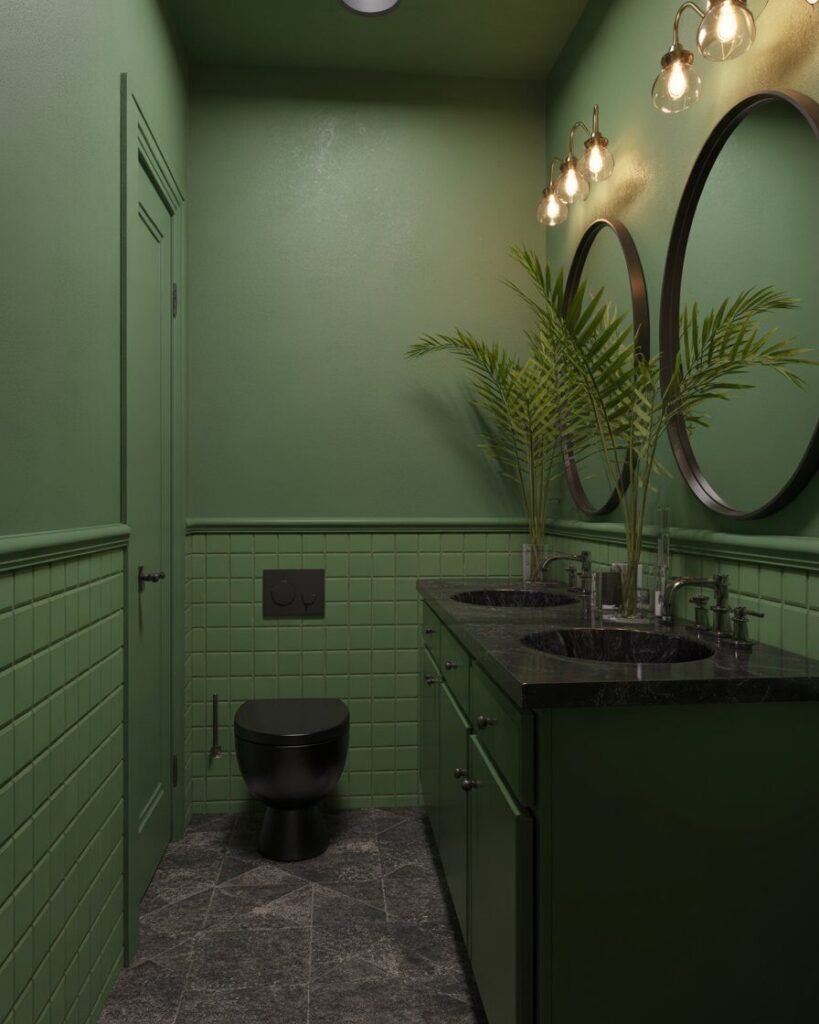 Forest green powder room design