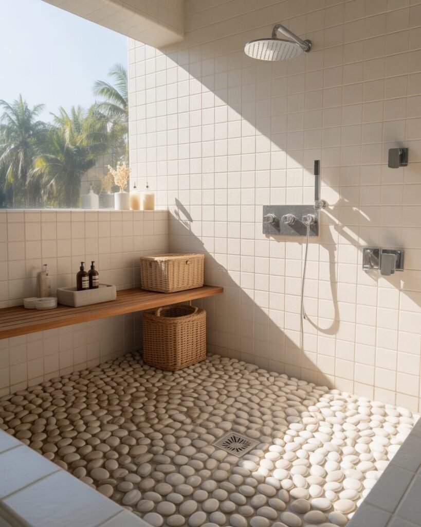 Spa-like bathroom ideas pebble floor