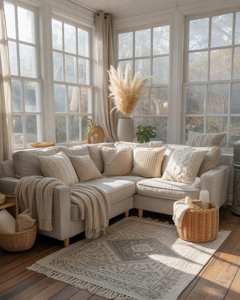Cozy sunroom with soft textures
