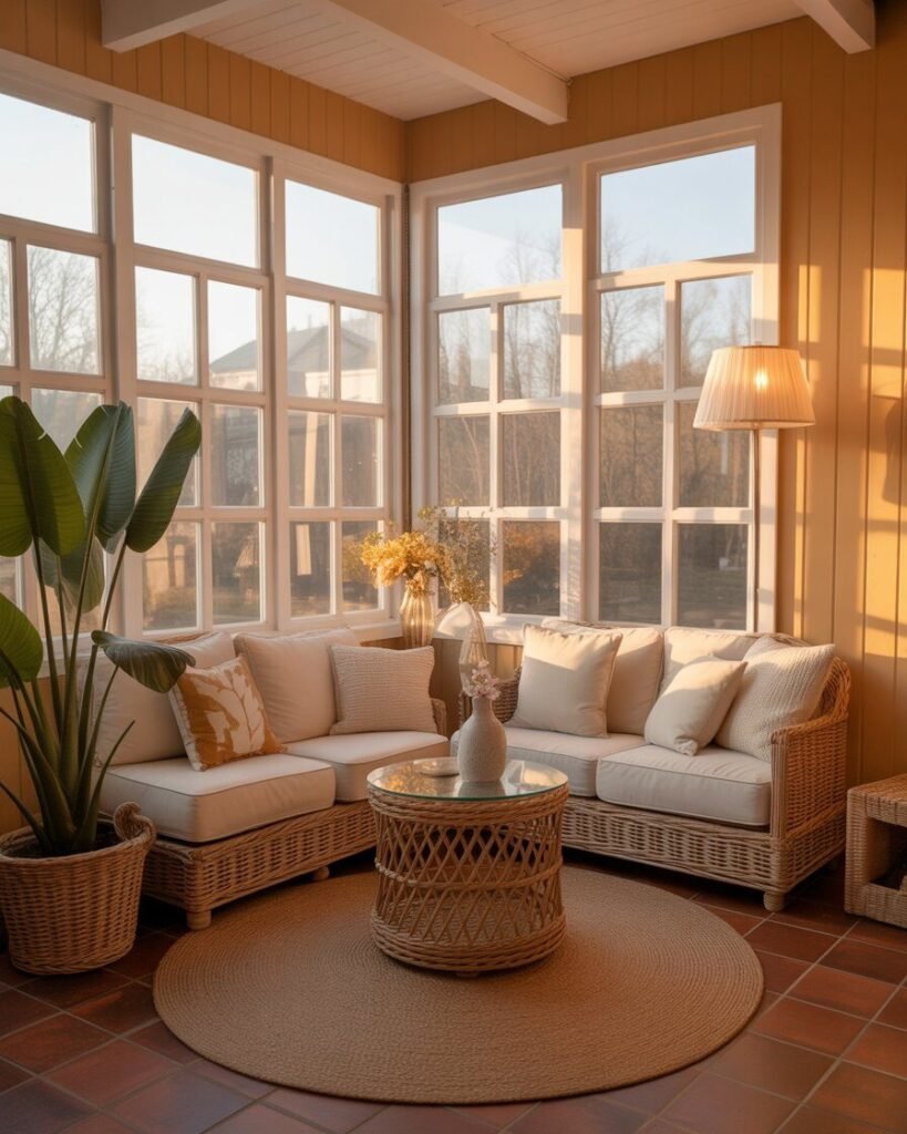 Cozy sunroom in warm neutrals