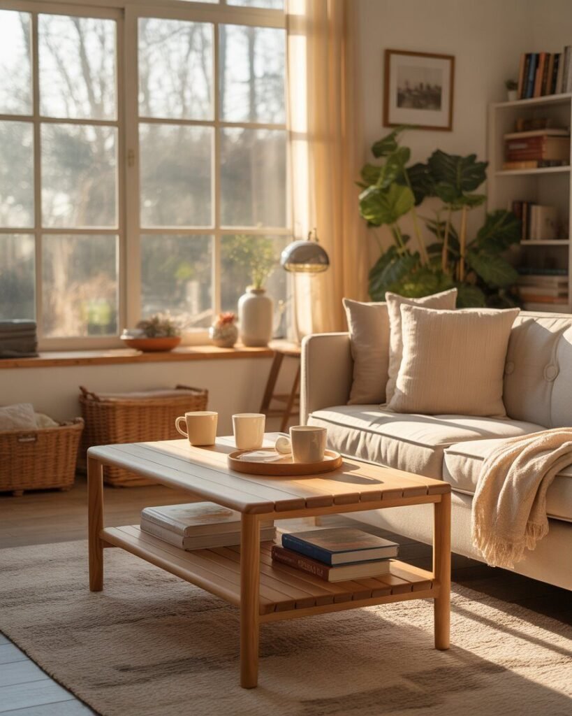 Cozy sunroom with wooden coffee table