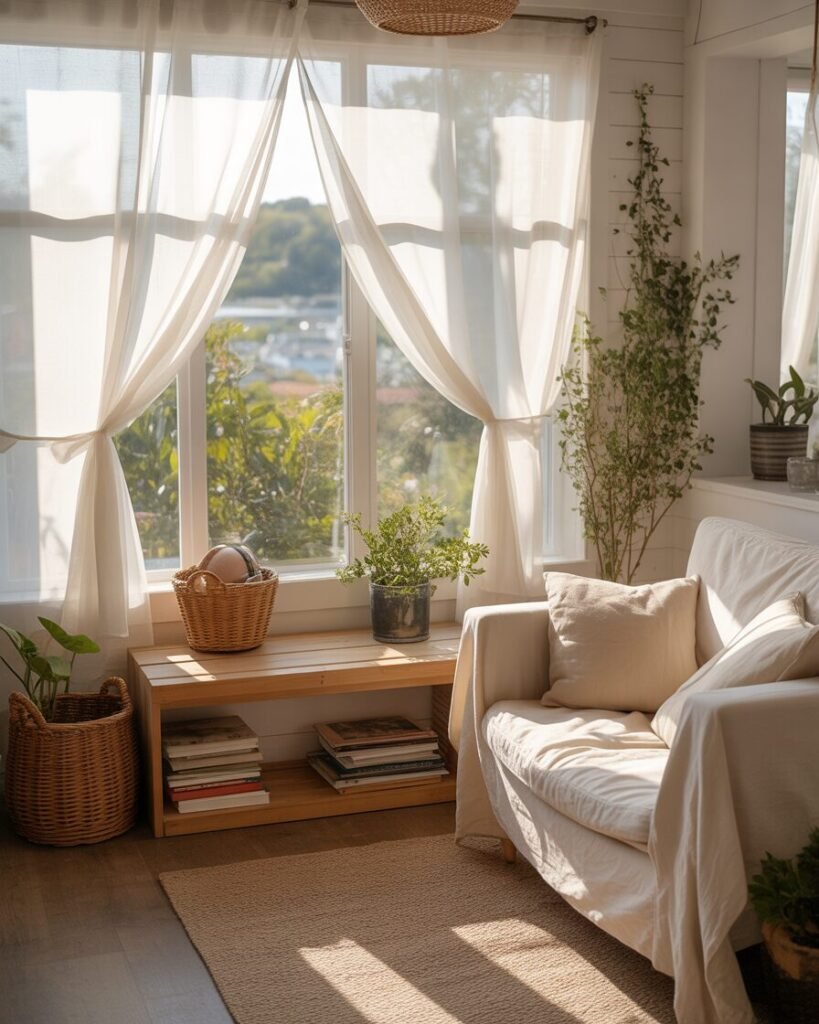 Cozy sunroom with sheer curtains