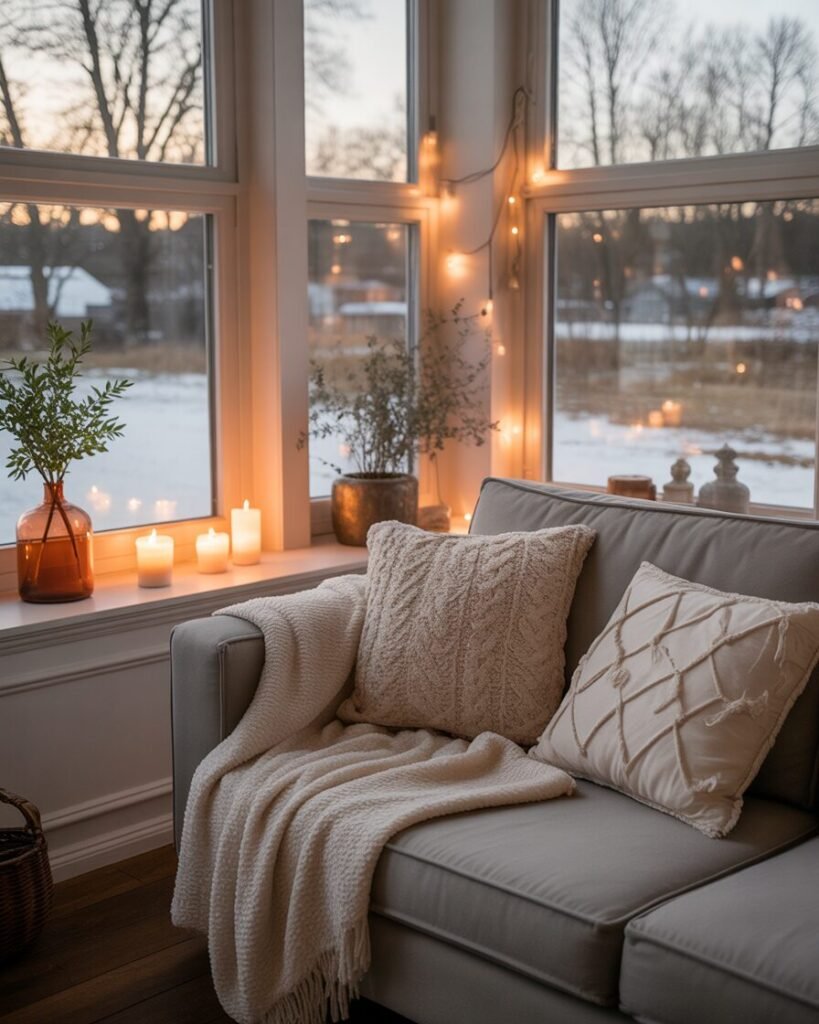 Cozy sunroom with seasonal decor