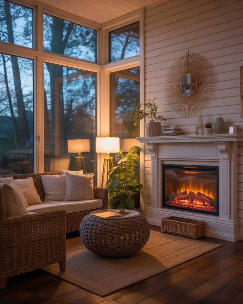 Cozy sunroom with fireplace