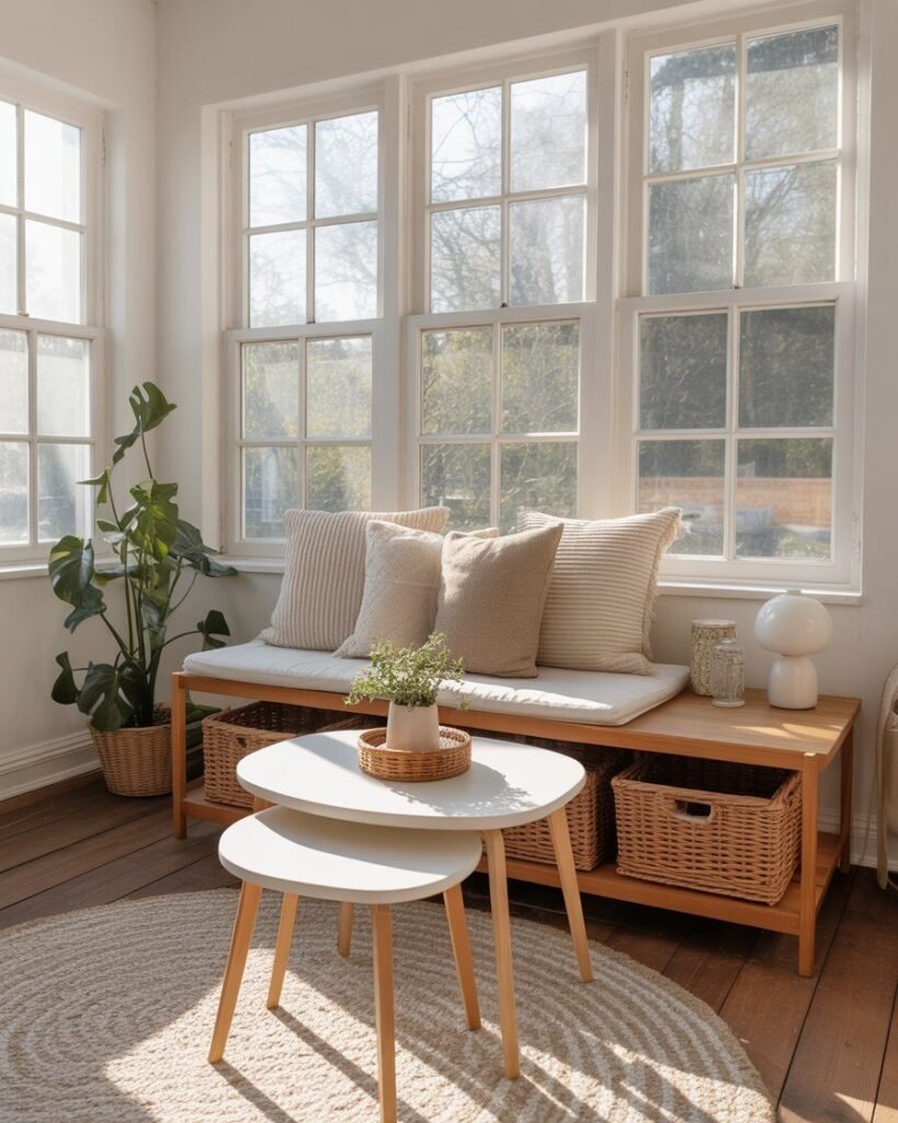 Cozy sunroom with storage furniture