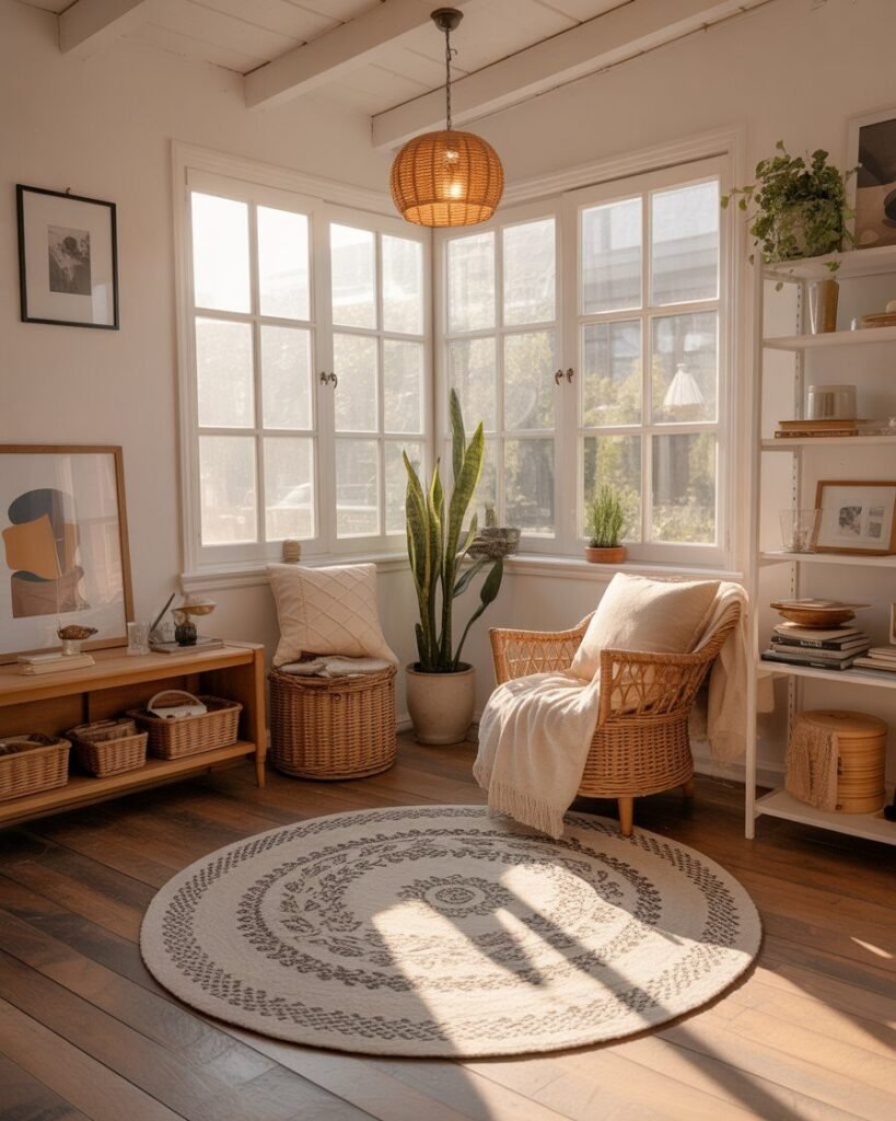 Cozy sunroom with wooden flooring