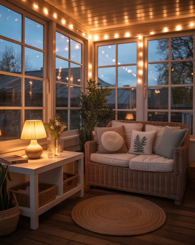 Cozy sunroom with evening lights