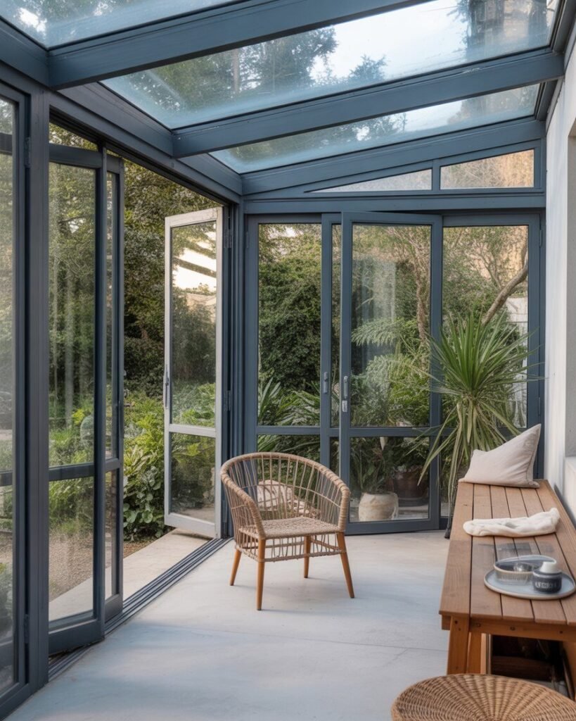 Minimalist sunroom with tall windows
