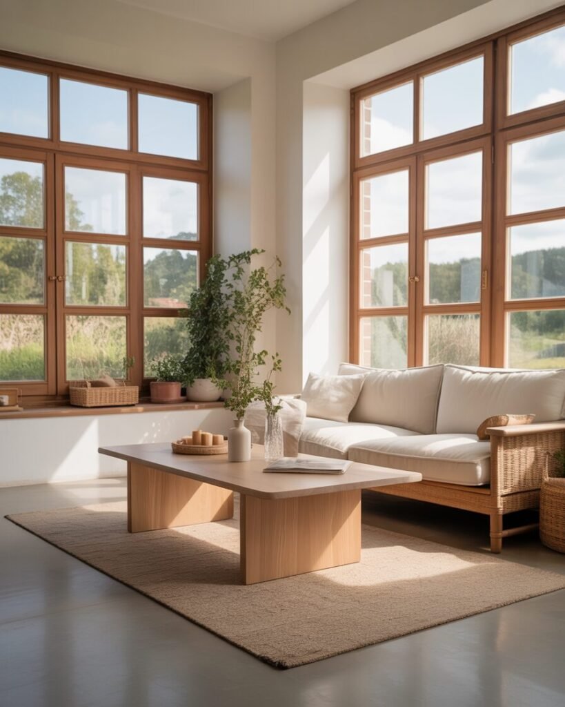 Minimalist sunroom with wood accents