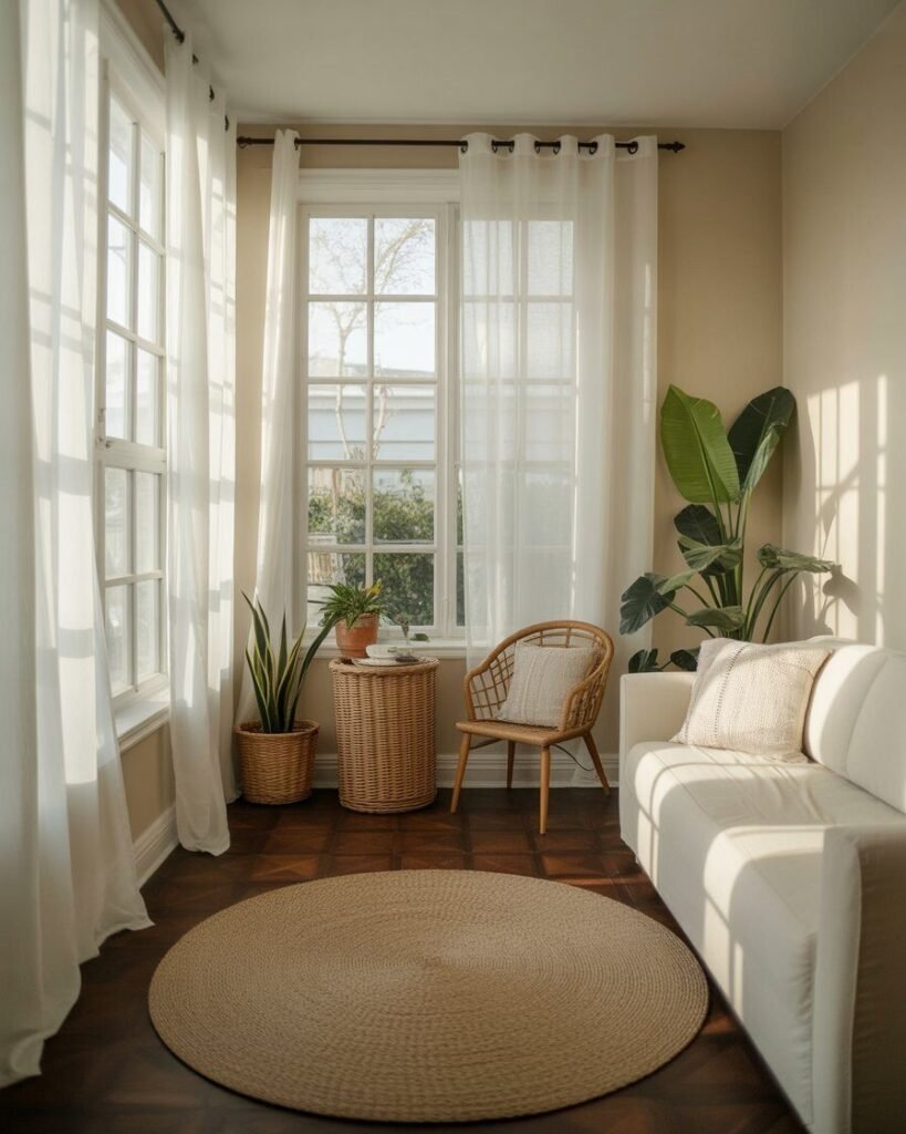 Minimalist sunroom with sheer curtains