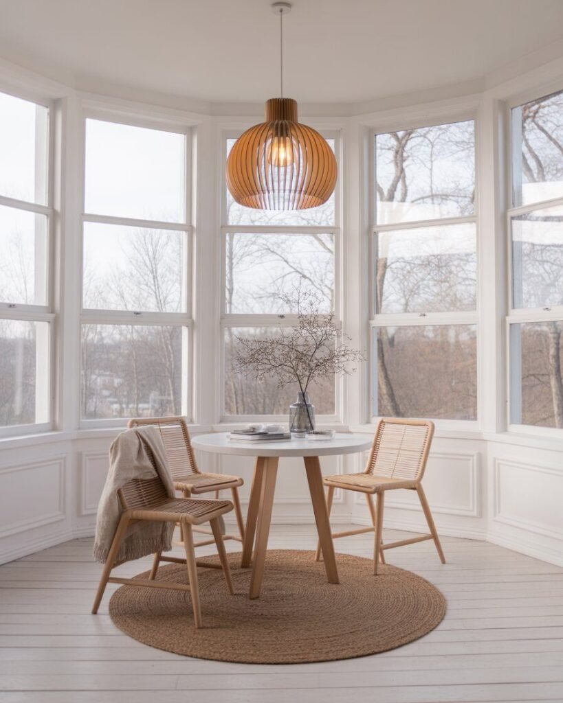 Minimalist sunroom with pendant light