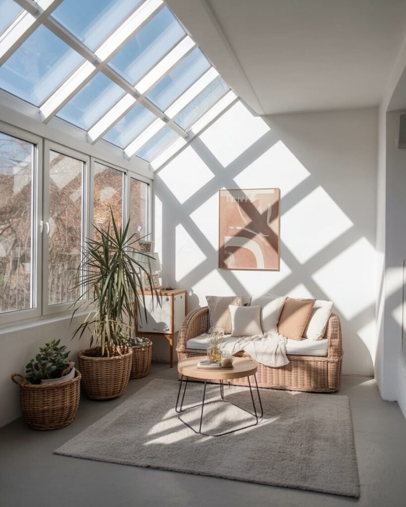 Minimalist sunroom with skylight