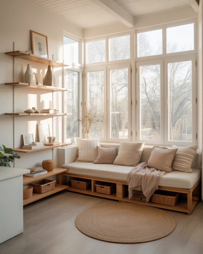 Minimalist sunroom open shelving