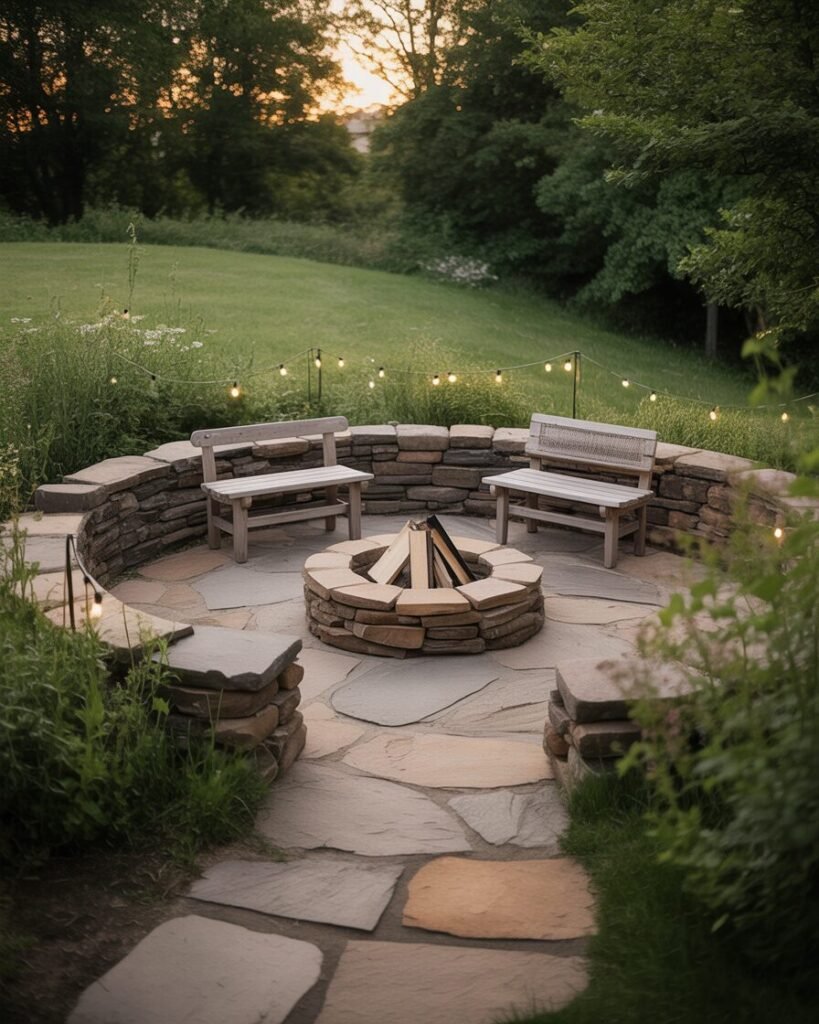 Rustic curved stone patio with fire pit