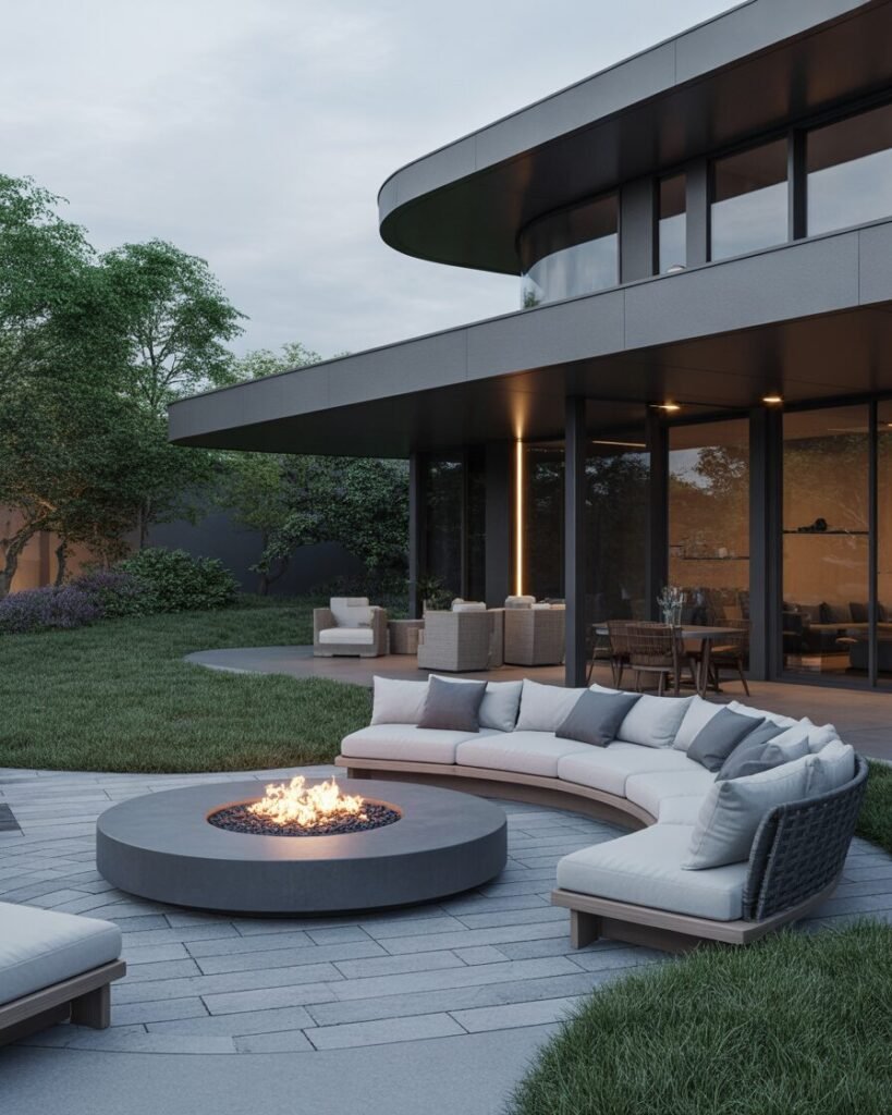 Modern curved stone patio with fire pit