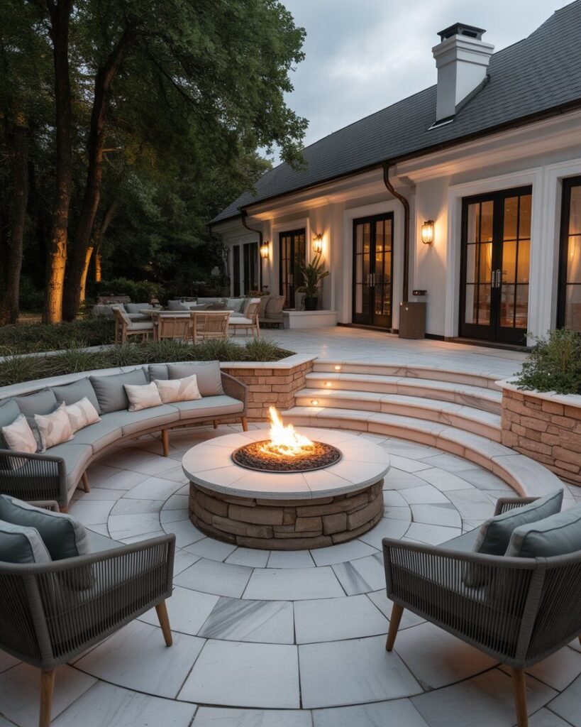 Luxury curved stone patio with fire pit