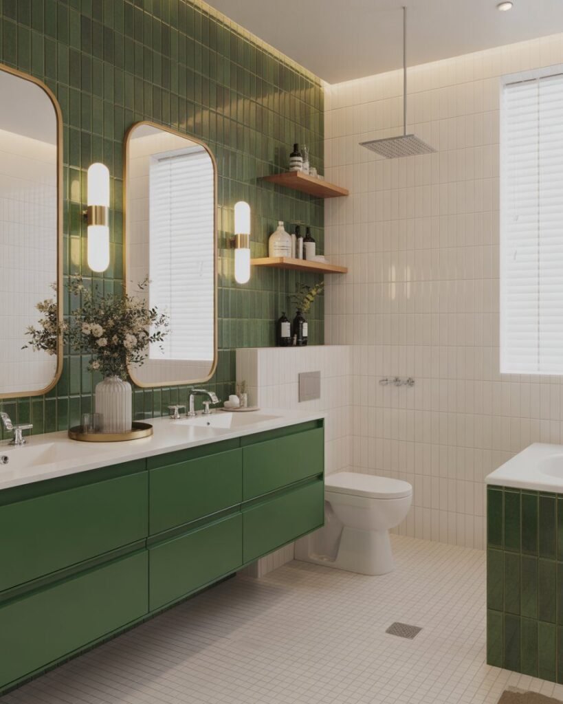 Green accent wall bathroom