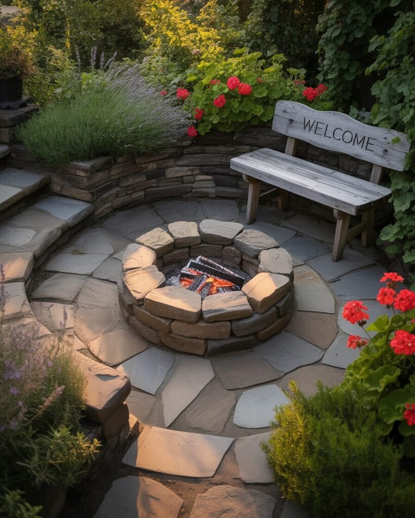 Garden curved stone patio with fire pit