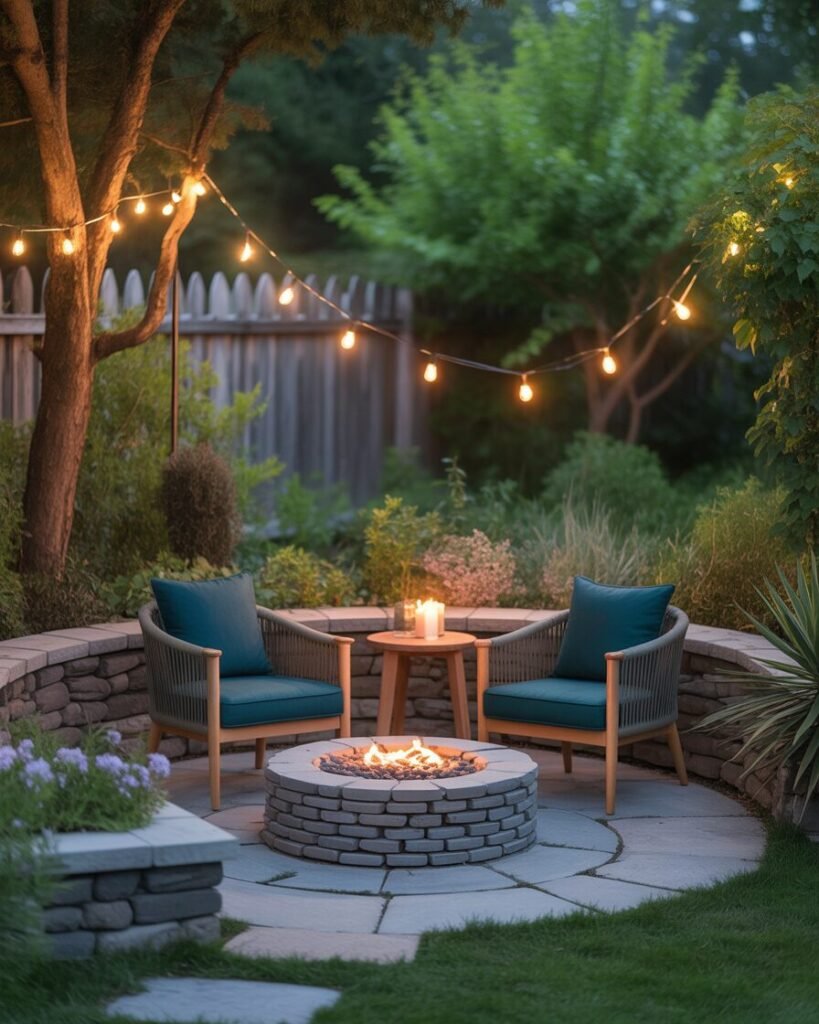Small curved stone patio with fire pit