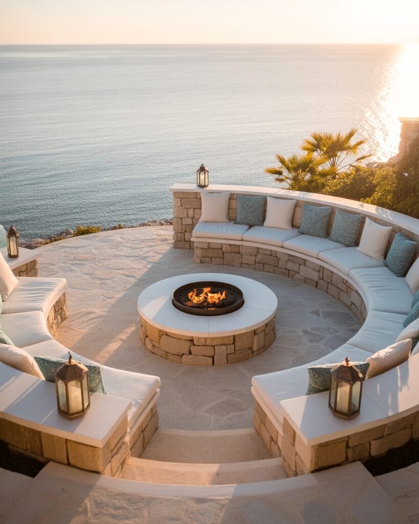 Coastal curved stone patio with fire pit