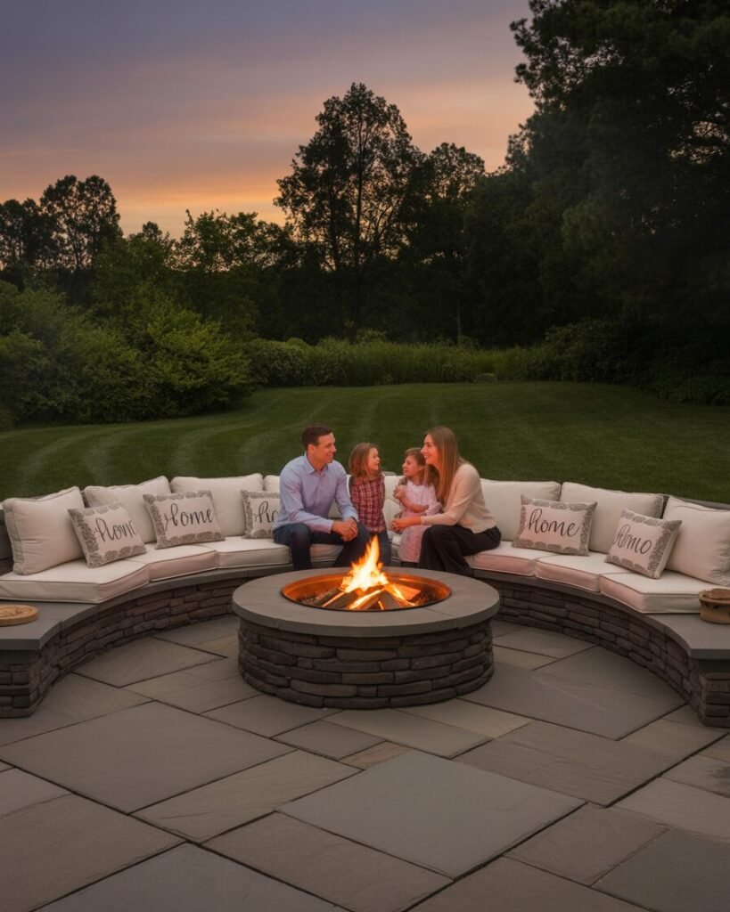 Family curved stone patio with fire pit