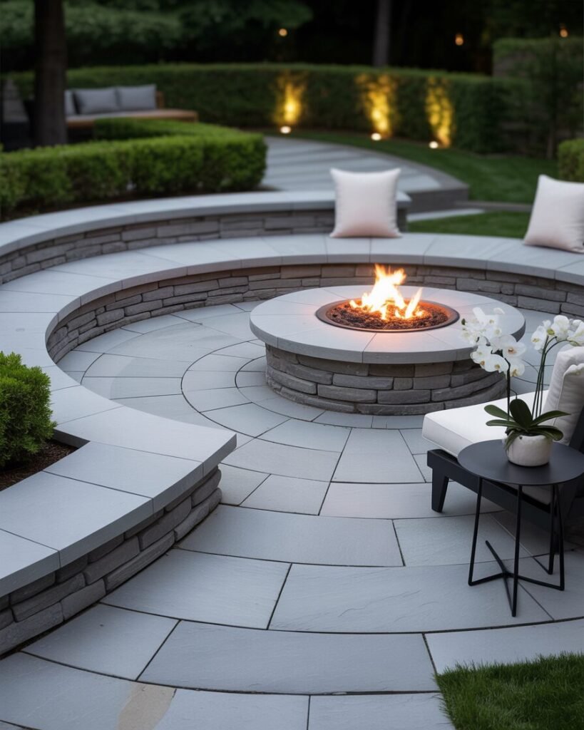 Contemporary curved stone patio with fire pit