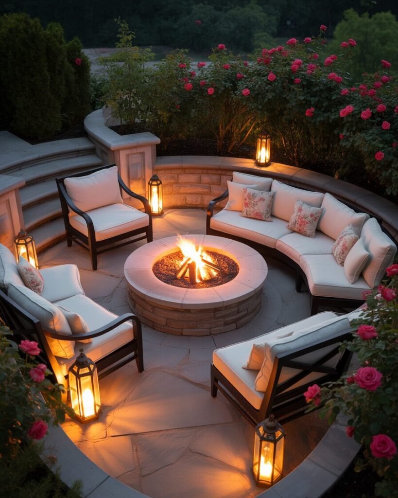 Romantic curved stone patio with fire pit