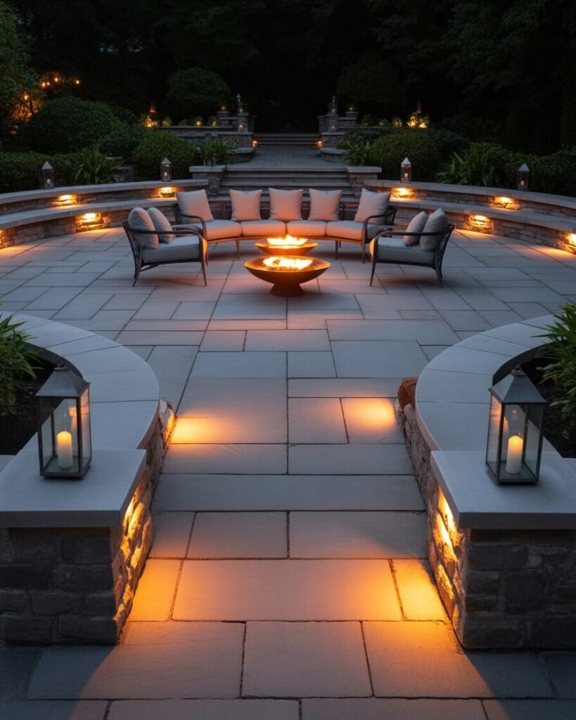 Grand curved stone patio with fire pit