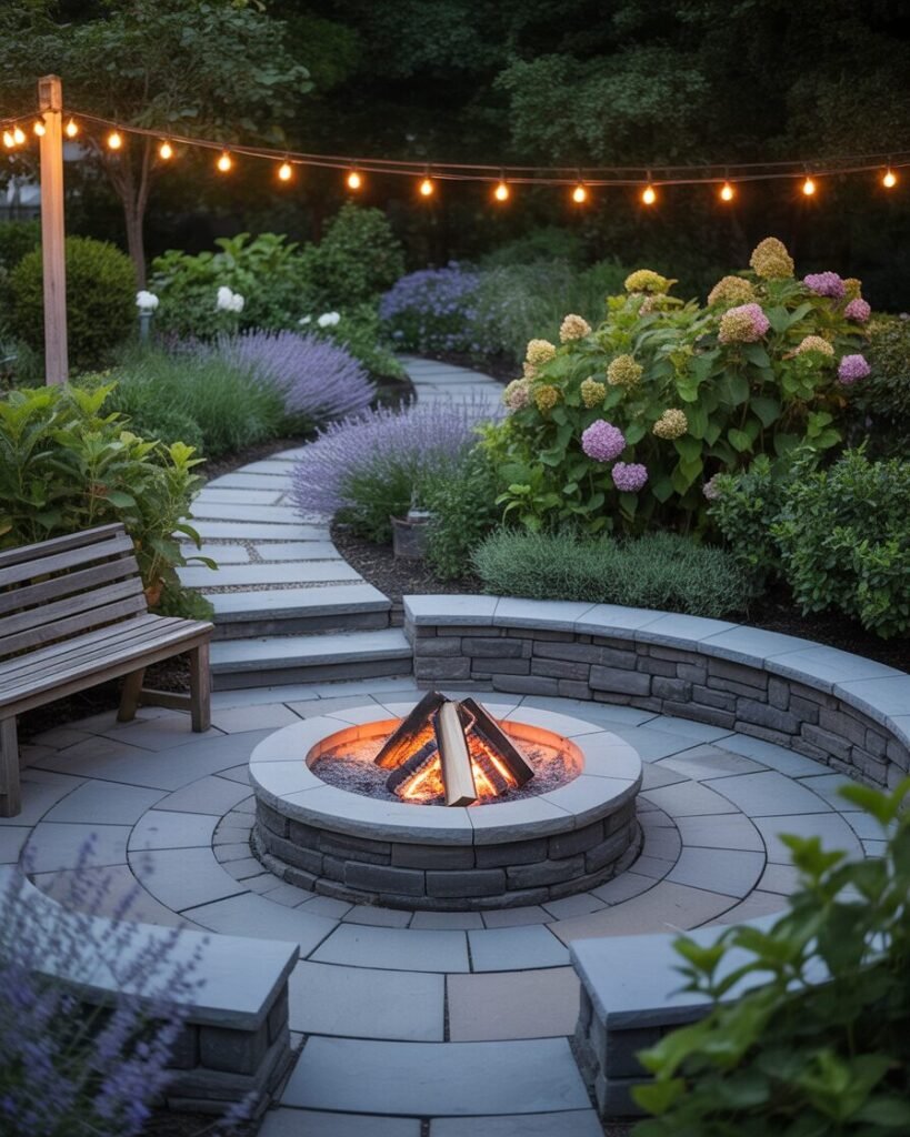 Curved stone patio with fire pit pathway