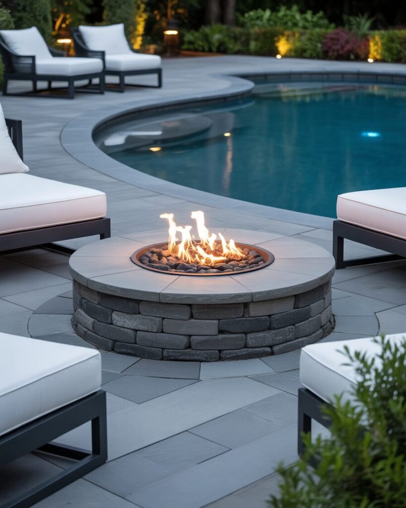  Poolside curved stone patio with fire pit