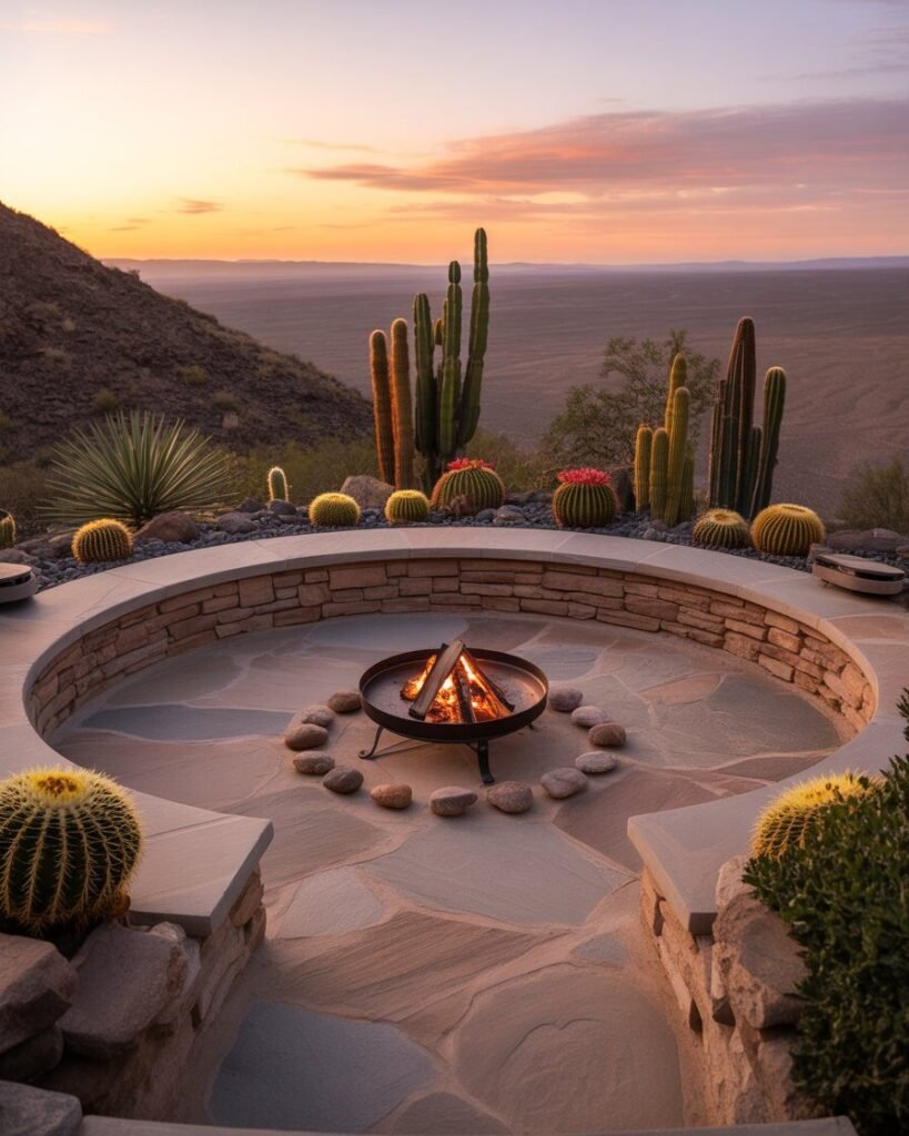 Desert curved stone patio with fire pit