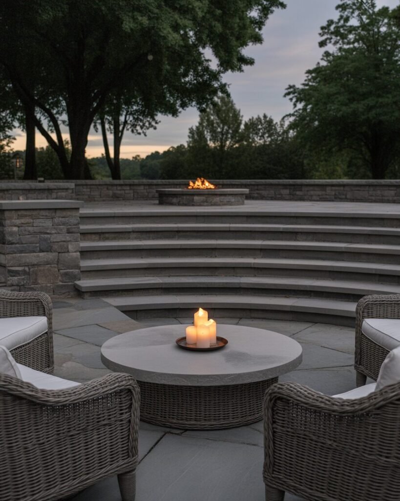 Multi-level curved stone patio with fire pit