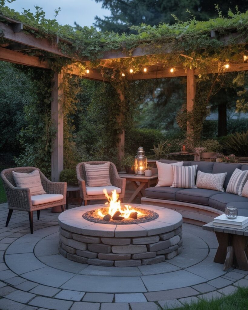 Covered curved stone patio with fire pit