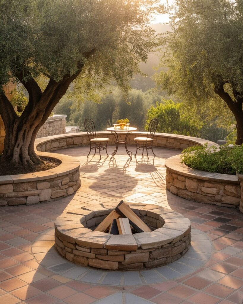 Mediterranean curved stone patio with fire pit