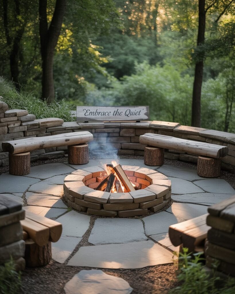 Woodland curved stone patio with fire pit