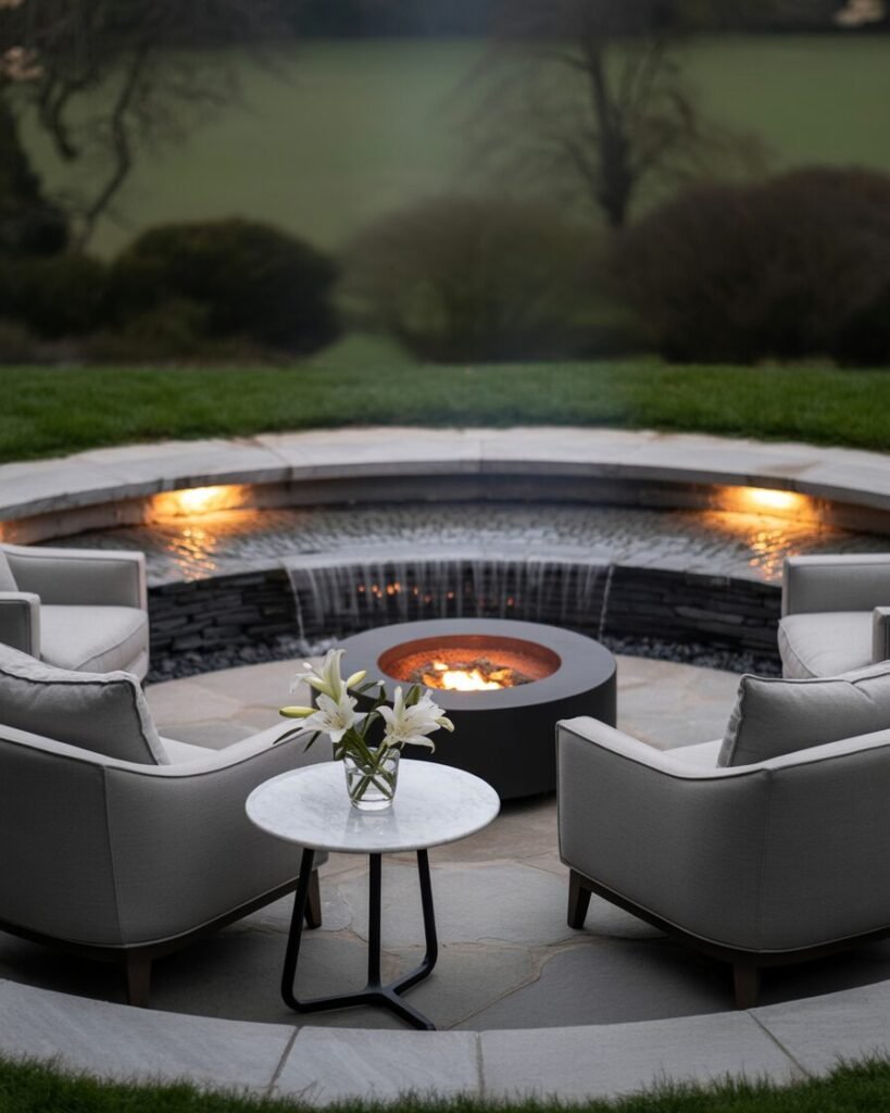 Elegant curved stone patio with fire pit