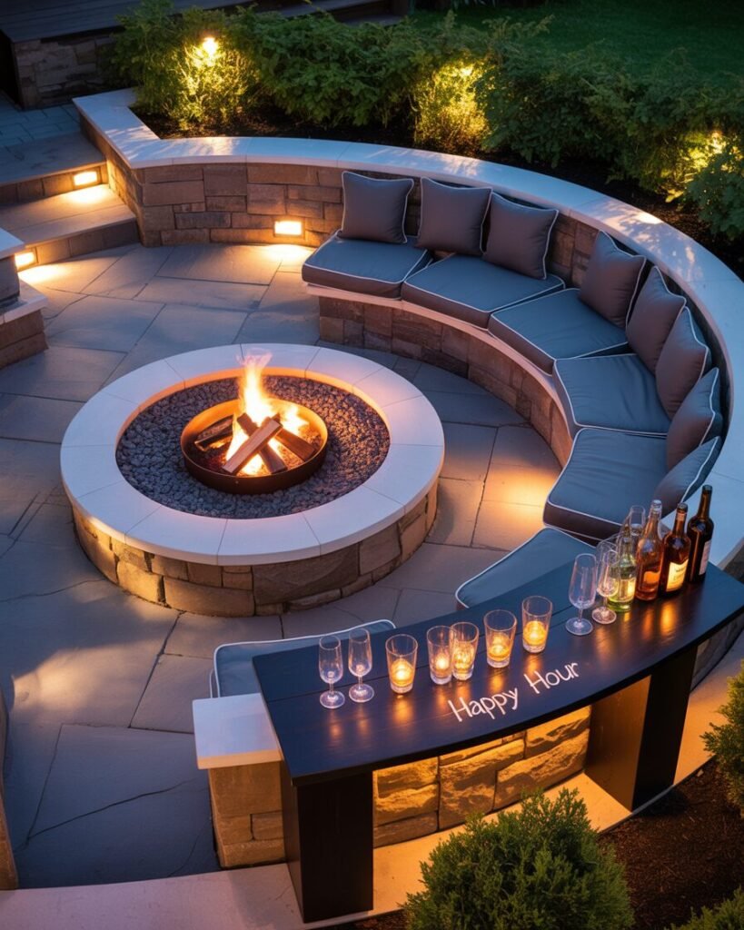 Entertainment curved stone patio with fire pit