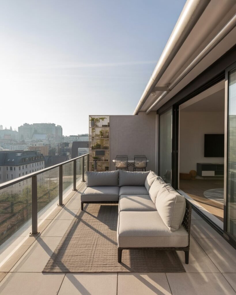 Minimalist balcony transformed into oasis.