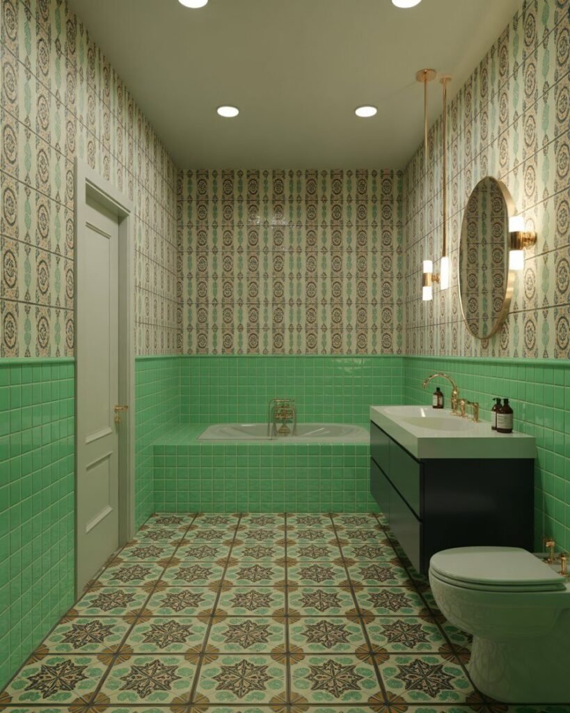 Maximalist green bathroom decor